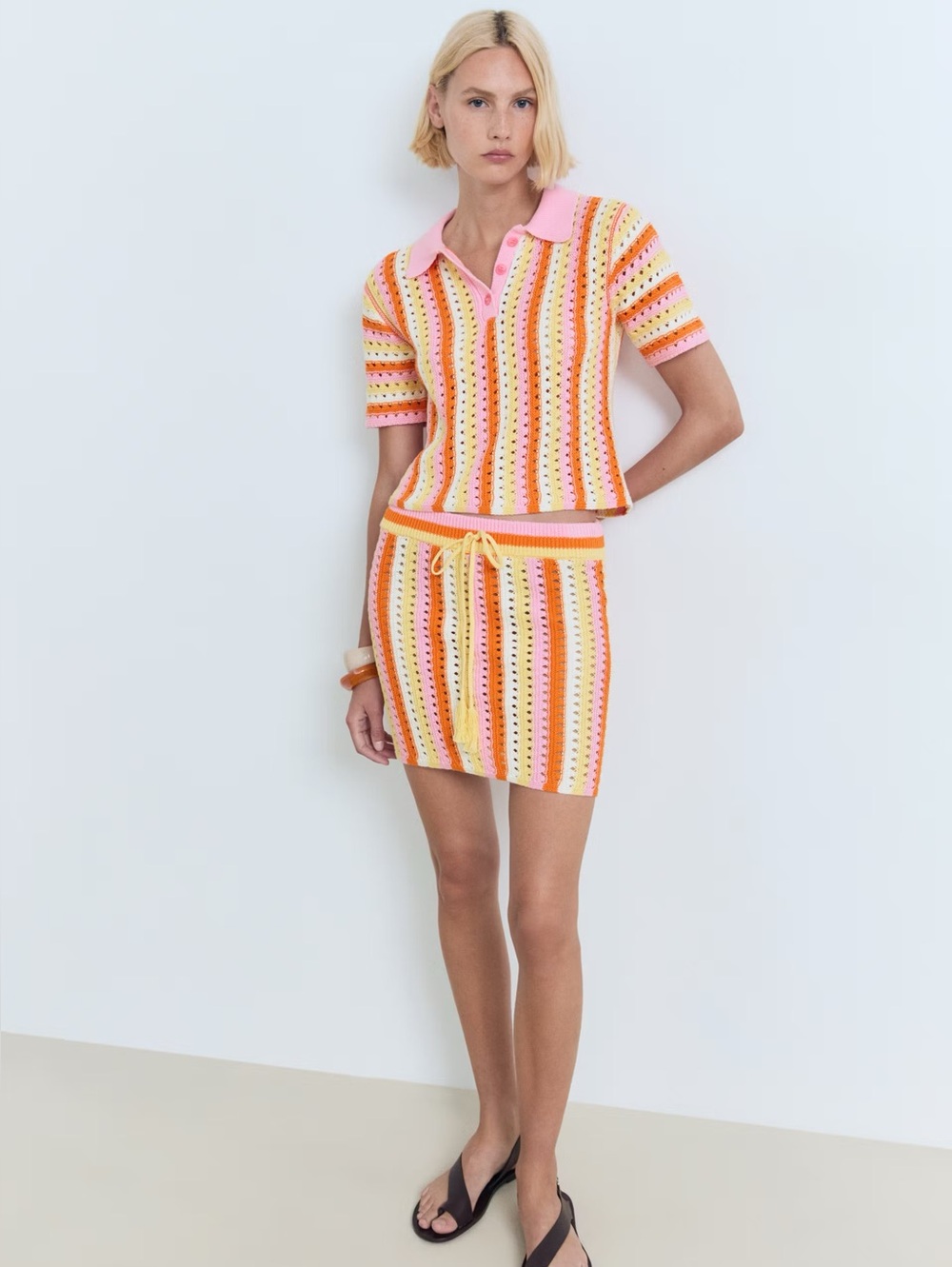 Mango Striped Crochet Polo Top & Skirt in Pink, Orange & Yellow